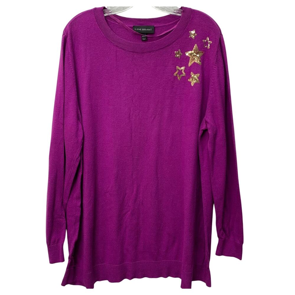 Lane Bryant Womens 22/24 Size 3XL Magenta Hot Pink Gold Sequin Stars Sweater